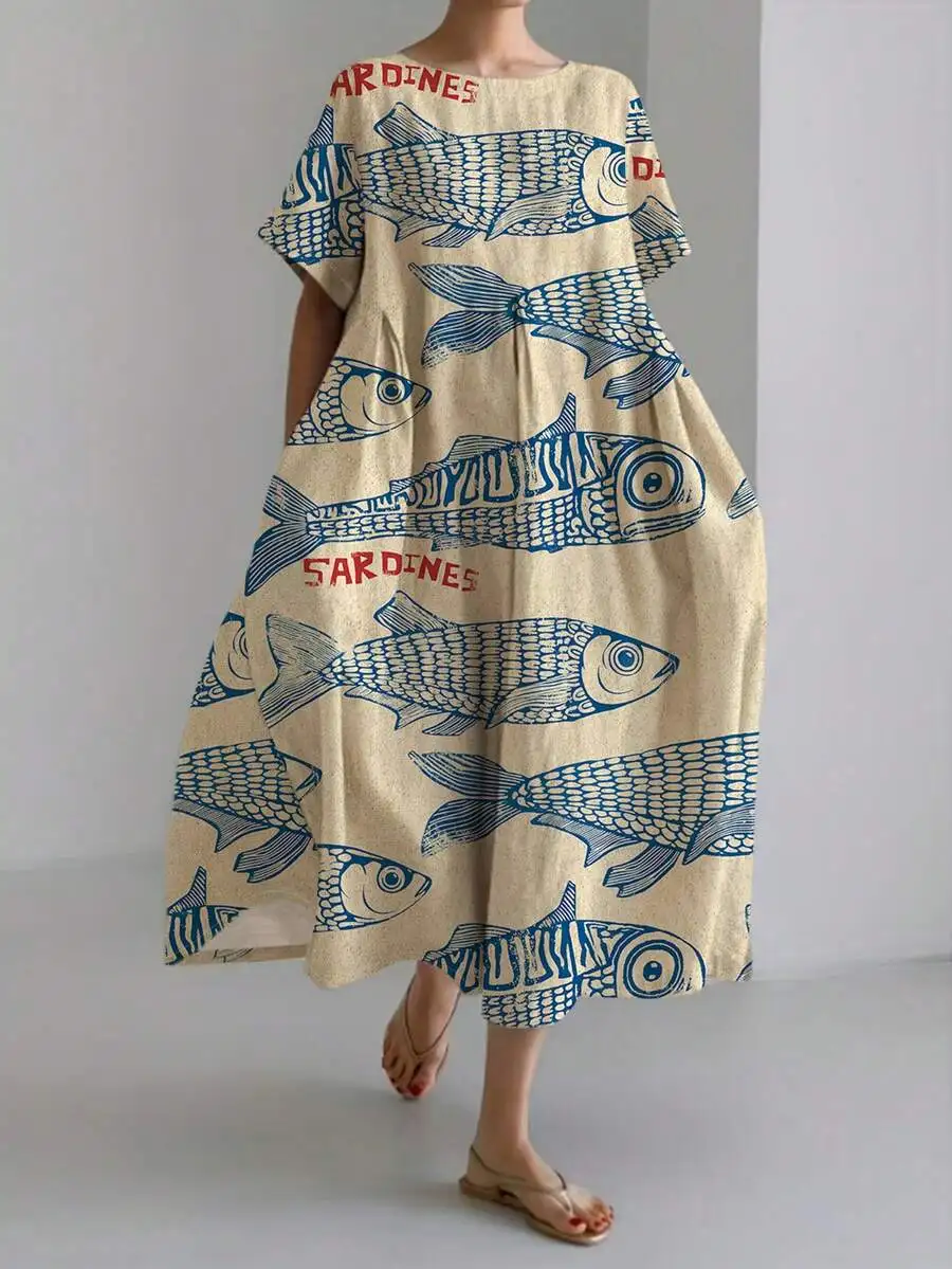 

Womens Loose Sardine Print Midi Dress For Spring Summer Casual Holiday Wear Comfortable And Stylish