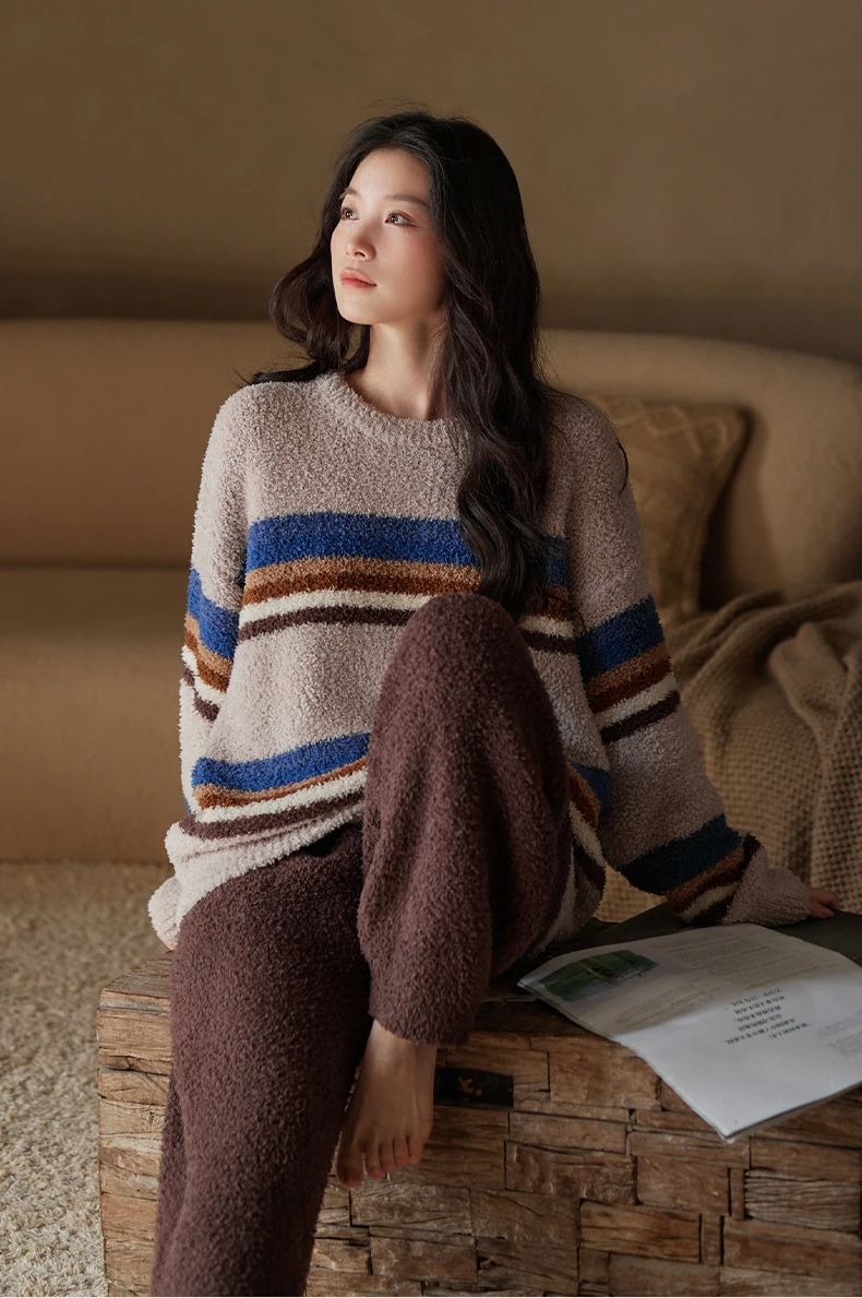 Новая осенне-зимняя женская домашняя одежда, модный и простой толстый теплый комплект одежды для сна с круглым вырезом