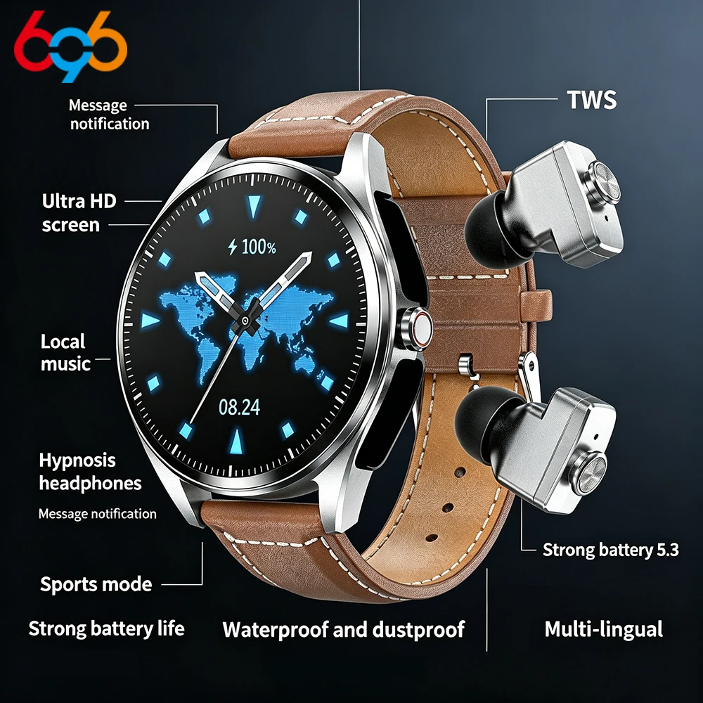 

Music Play Message Push BT Call Smartwatch Waterproof Sports Modes 2 In 1 Watches Men Women TWS Bluetooth Headset Smart Watch