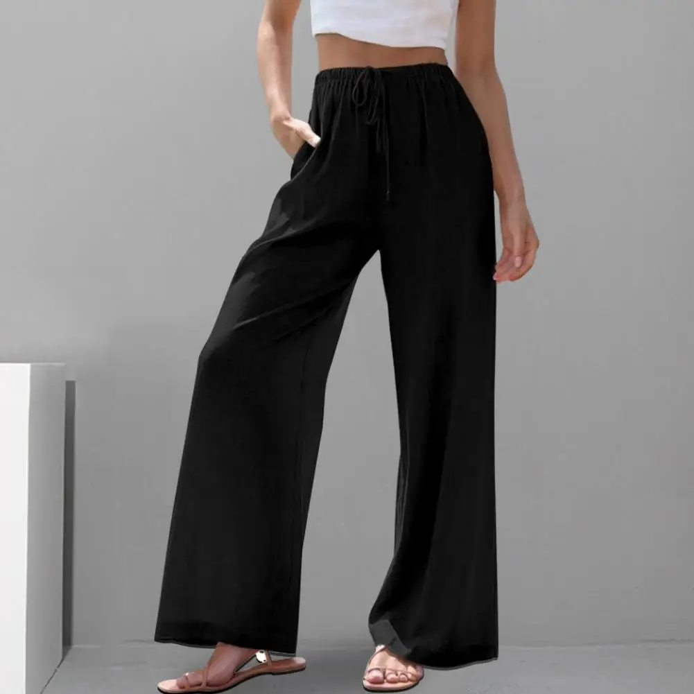 Calça feminina com cordão de perna larga, elástica, cintura alta, calça casual com bolsos, monocromática, solta, ventilação, longa, verão