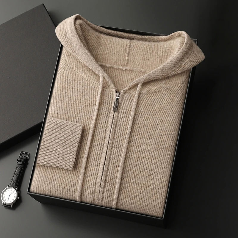 Men's Zippered Hooded Cashmere Cardigan 100% Cashmere Long Sleeve Knitted Sweater Warm Autumn Winter Solid Color Casual Jacket