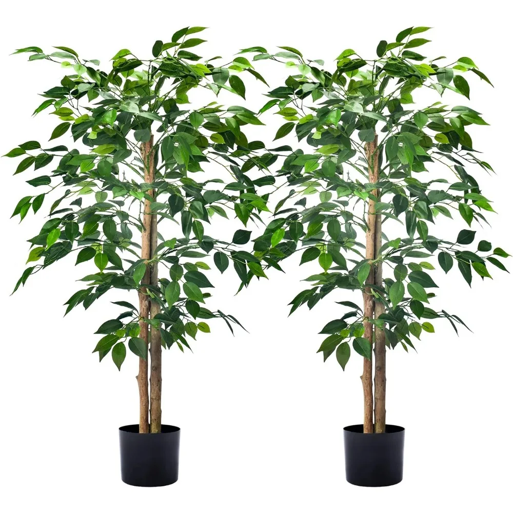 

4FT Artificial Ficus Trees with Realistic Leaves and Natural Trunk, Faux Ficus Tree with Sturdy Plastic Nursery Pot, Fake