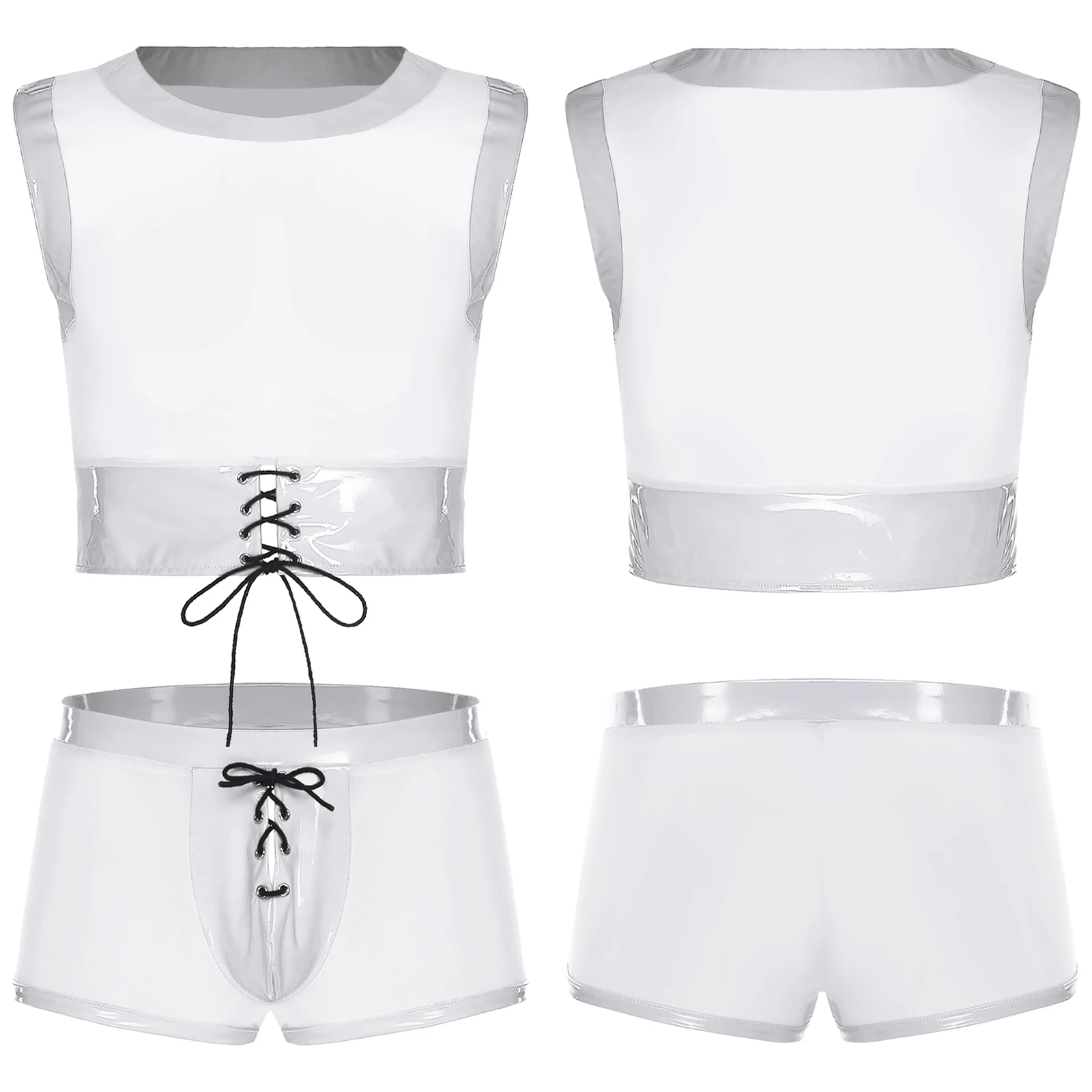 Mens 2Pcs Lingerie Sets See Through Mesh Outfit Round Neck Sleeveless Patent Leather Tank Tops with Bulge Crotch Briefs Shorts