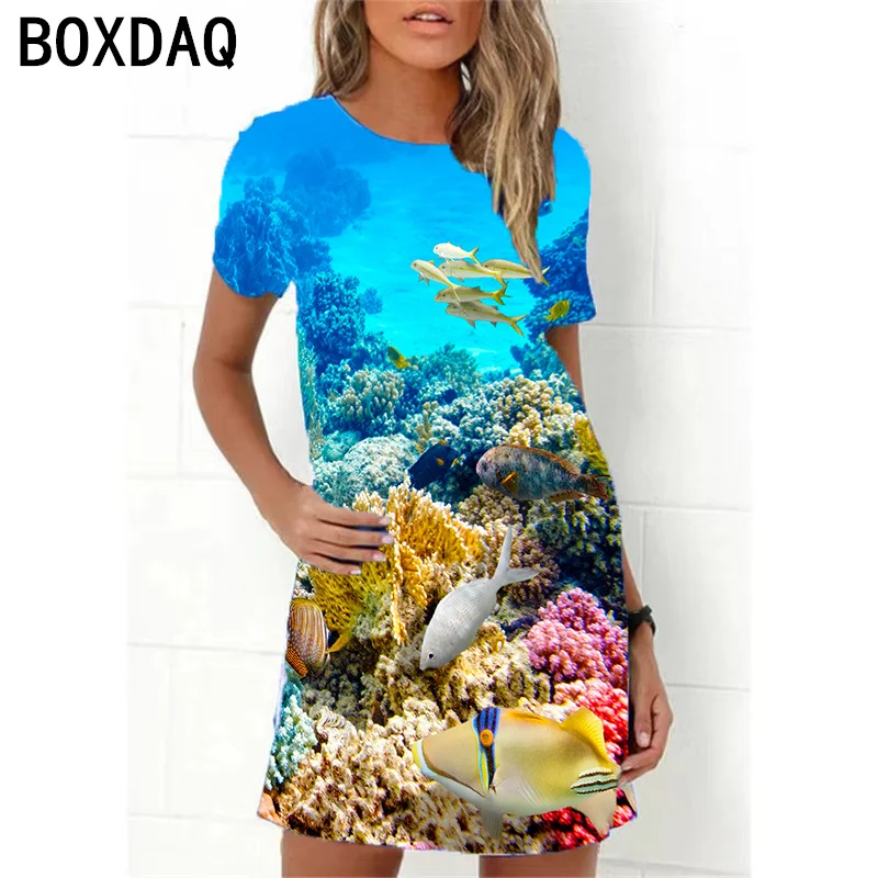 

Ocean World 3D Print Dress Women New 2023 Summer Short Sleeve Cartoon Fish A-Line Dress Oversized Loose Casual Ladies Dress