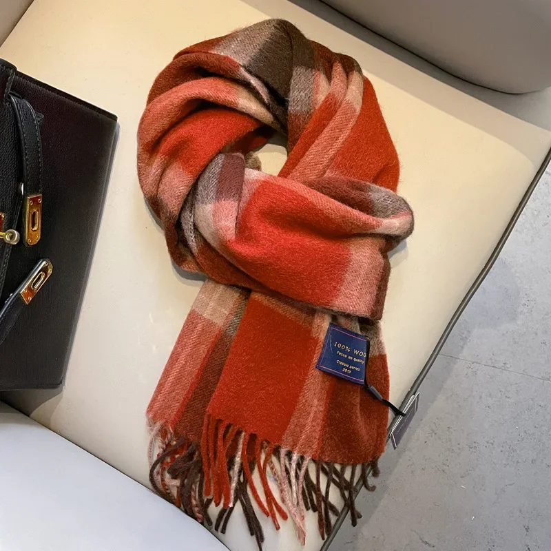 Fashion Classic 100% Wool Plaid Red Scarf Women Couples Autumn Winter Warm Cashmere Thermal Soft Muffler Female Long Wraps Men