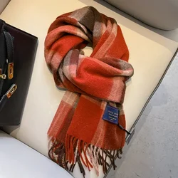 Fashion Classic 100% Wool Plaid Red Scarf Women Couples Autumn Winter Warm Cashmere Thermal Soft Muffler Female Long Wraps Men