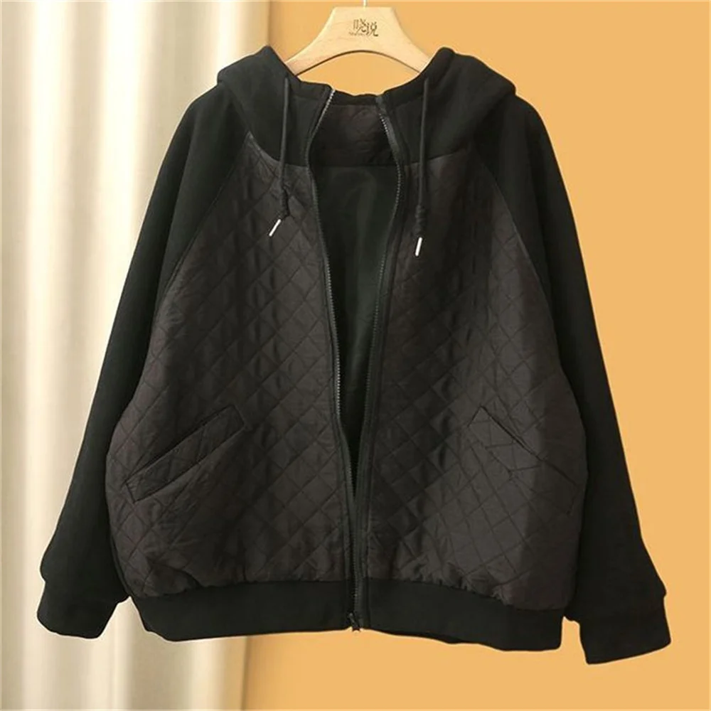 Spring Autumn Women Hooded Sweatershirt Short Cardigan Female New Literature and Art Casual Loose Diamond Plaid Panel Jacket Top