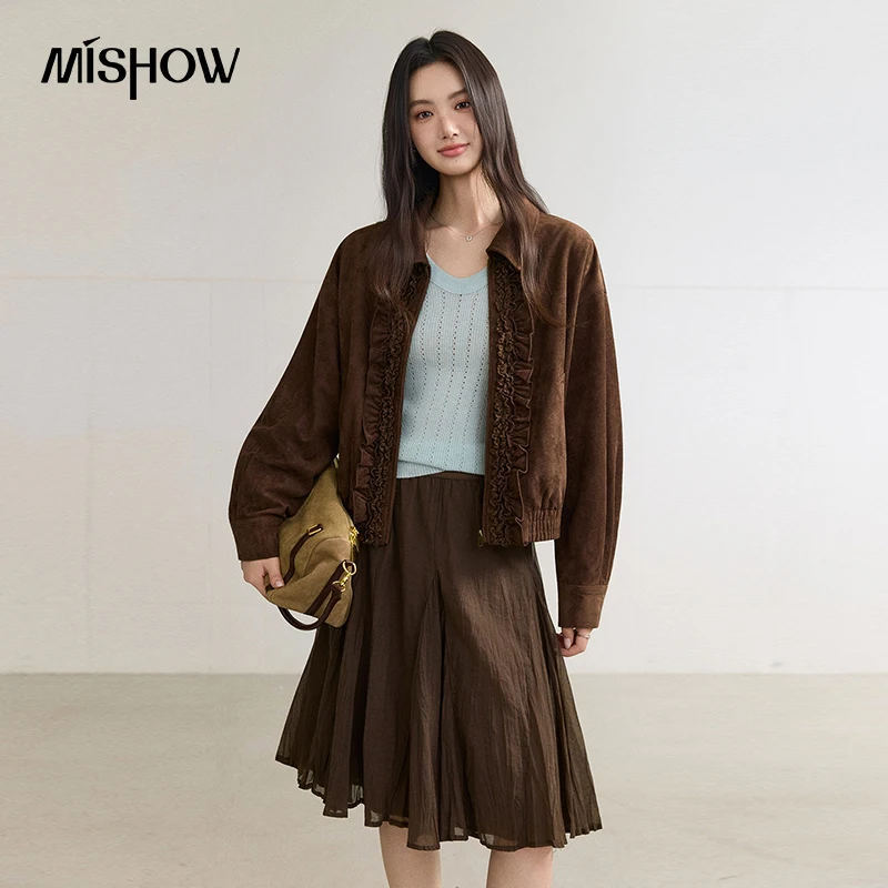 MISHOW Women's Winter Jacket Korean Style Faux Suede Ruffled Cropped Jacket 2026 Autumn Petite Daily Commuter Clothes MXF45W1103