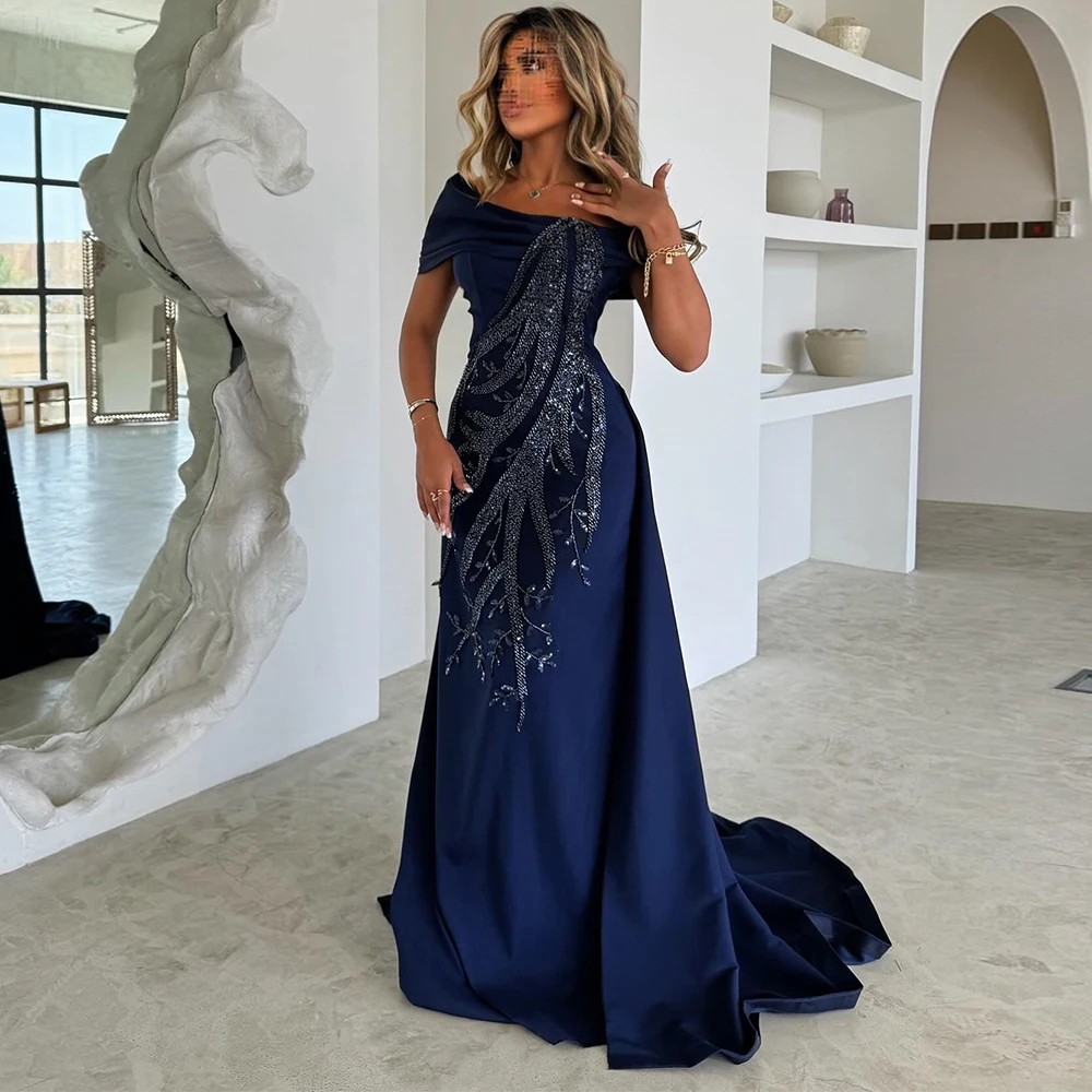 

Saudi Arabia Bespoke Occasion Gowns Jersey Sheath/Column Formal Evening Dress Navy blue Off-the-shoulder Beads Prom Dress Long