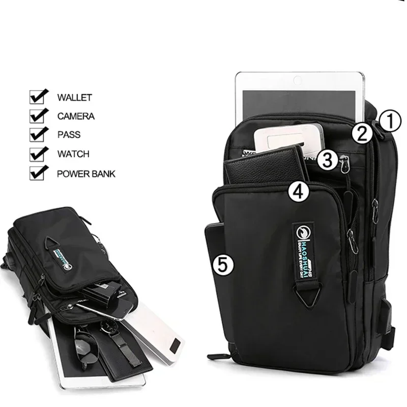 Men Nylon Waterproof Phone USB Backpack Small Crossbody Sling Bag Back Pack One Shoulder Cross Body School Bag for Man Mochila