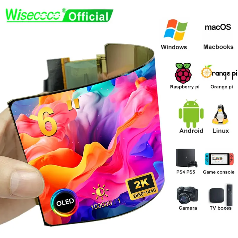 Wisecoco 6 inch OLED Flexible Screen 2K 2880x1440 AMOLED IPS Display Bendable Driver Board Landscape For Raspberry Pi Macbook PC