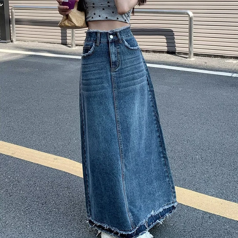 Summer Street Style Rough Edge Skirt Korean Version Women Retro Casual High-waisted A-line Skirt Temperament Loose Denim Skirts