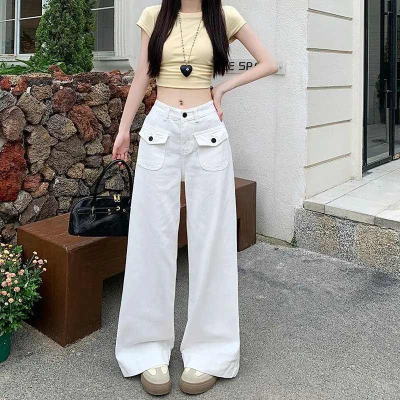 

White Baggy Jeans For Women Streetwear 2025 Casual Loose Pocket Wide Leg Denim Floor Pants Y2K High Waisted Straight Trousers