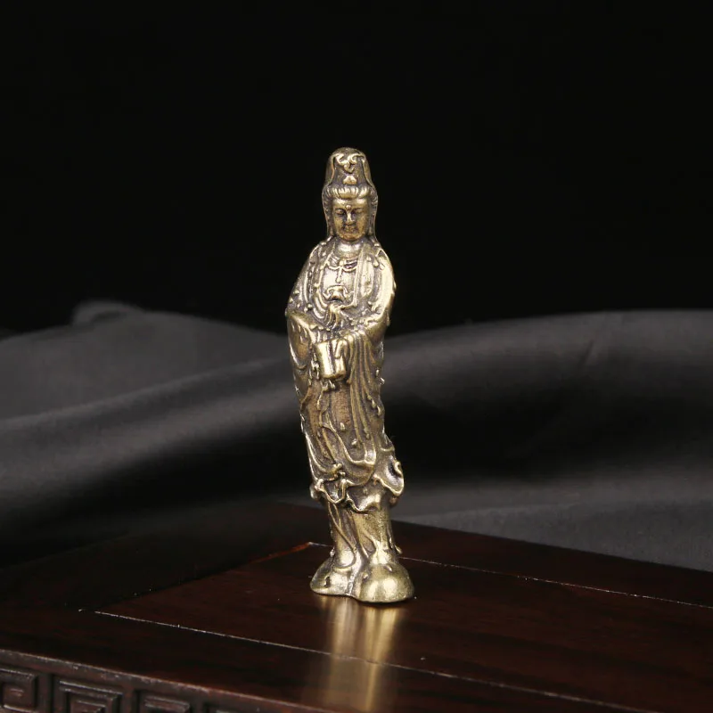 Brass Manjusri Bodhisattva Figurine Religious Guanyin Statue Holding Scriptures Handicraft Bronze Ware Home Decor Items