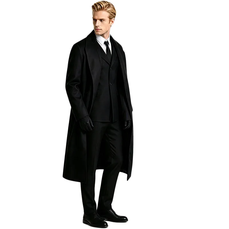 Herren Schwarzes Anzug-Set Langer Trenchcoat Weste Hemd Krawatte Handschuhe Komplettes Set Halloween Karneval Party Cosplay Kostüm für Erwachsene Männer