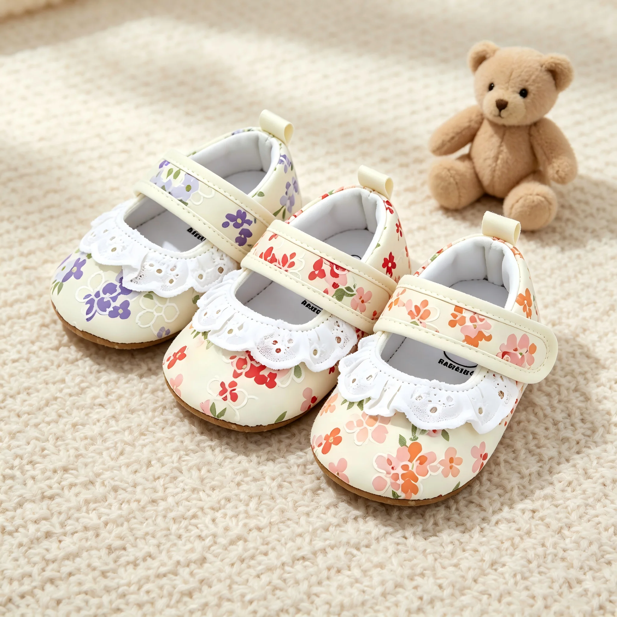 Baby Girls Mary Jane Shoes 0‑18 Months Floral Print Hollow Eyelet Lace Ruffle Decor Hook&Loop Soft Sole Infant Prewalker Crib Sh