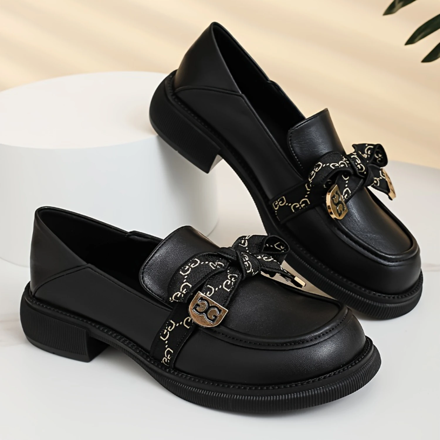 Womens Bow Decor Flat Shoes, Preppy Style Round Toe Slip On Shoes, All-Match School Uniform Loafers