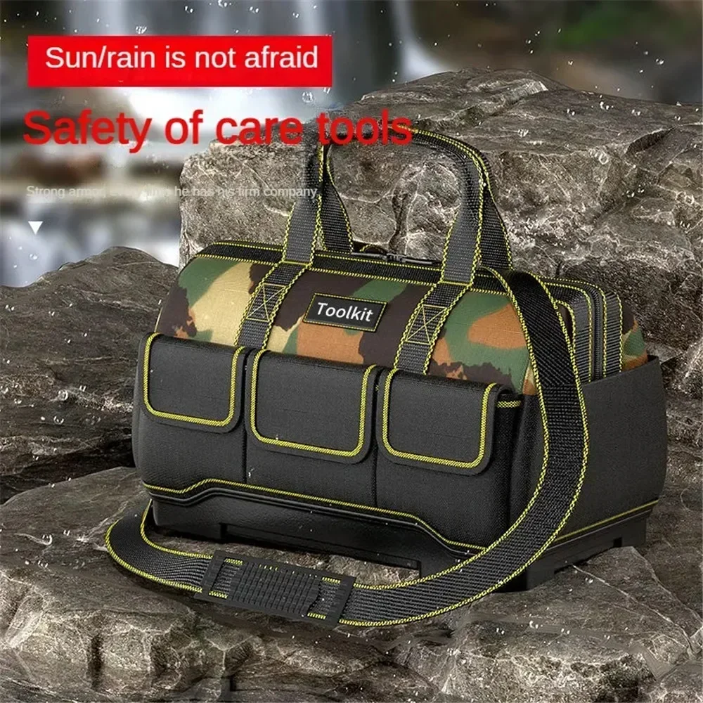 Ferramenta camuflagem eletricista saco com fundo plástico, ferramenta forte armazenamento Toolkit, vários bolsos, impermeável, resistente ao desgaste