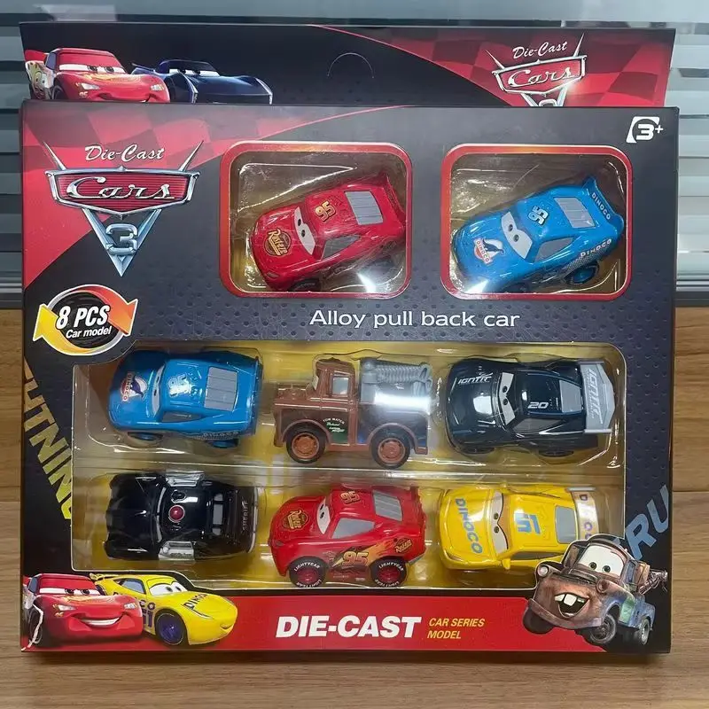 Set Of 6-8 Disney Pixar Cars, 3 Alloy Die-Casting Model Ornaments, Pull Back Cars, Including Lightning Mcqueen Jackson Storm Toy