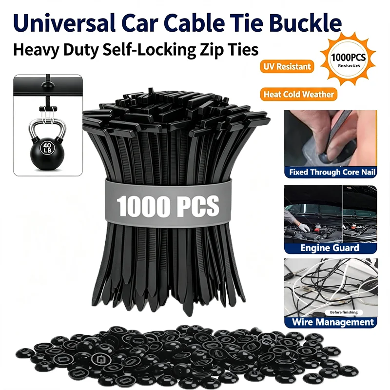 1000-1PCS Heavy Duty Cable Tie Buckle with Pin Button Universal Self-Locking Nylon Zip Ties Car Daily Repair Tool car supplies