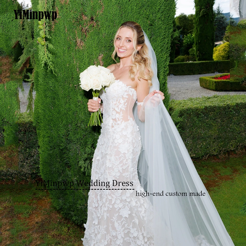 فساتين زفاف دانتيل 2025 فاخرة على شكل قلب حورية البحر مزينة بأكمام قابلة للانفصال الوهم الخلفي فساتين العروس الأنيقة حسب الطلب