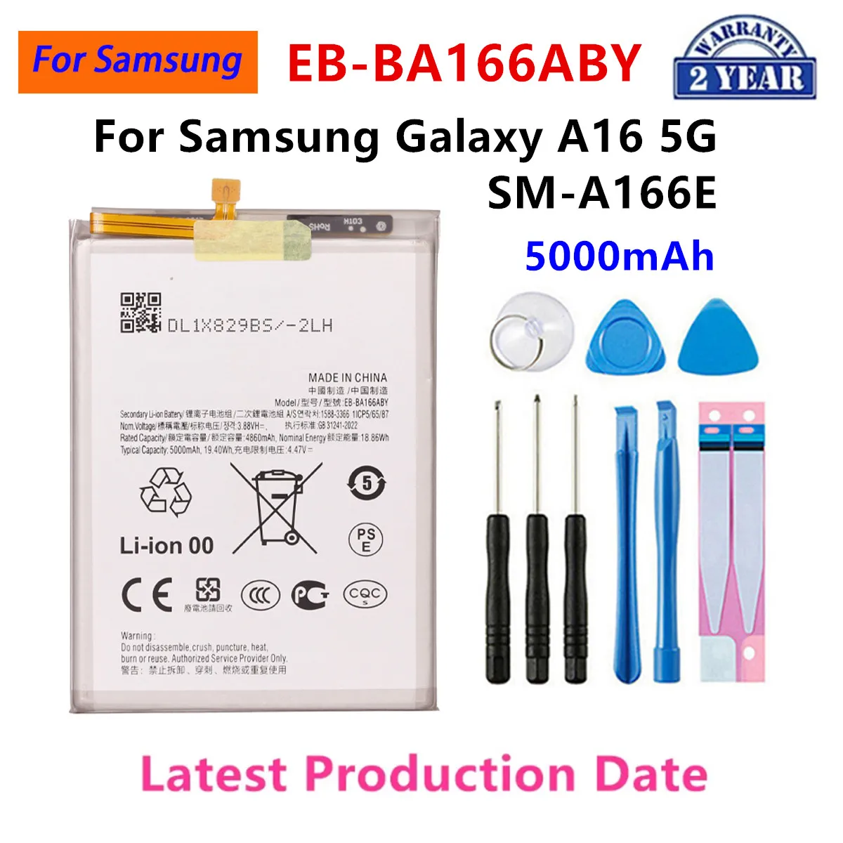 

Совершенно новый аккумулятор EB-BA166ABY 5000 мАч для Samsung Galaxy A16 5G SM-A166E, аккумуляторы для мобильных телефонов + инструменты