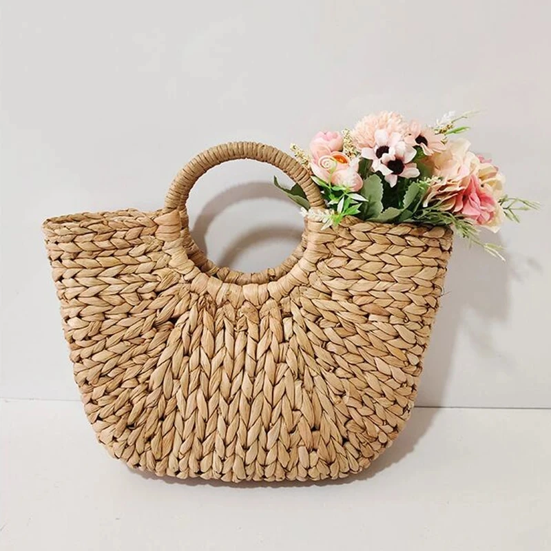 New Straw Bag Women Hand-Woven Hollow Handbag Moon Shape Rattan Bag Big Capacity Handbag Casual Travel Beach Bag