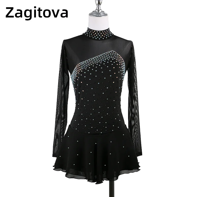 

ZAGITOVA Black Figure Skating Dress Women And Girls Long Sleeve Costume Ice Figure Skating Skirts With Rhinestones Mesh Skirt