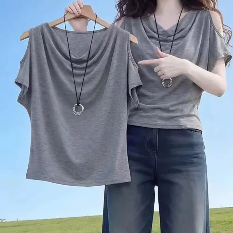 Plus Size Pleated Off Shoulder Trend Tops Women Clothing Short Sleeve Solid Simplicity Sexy T Shirts Fashion Casual Summer New