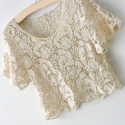 Crochet Knit Floral Lace Blouse Shrug Women Beach Short Sleeve Loose Crop Top