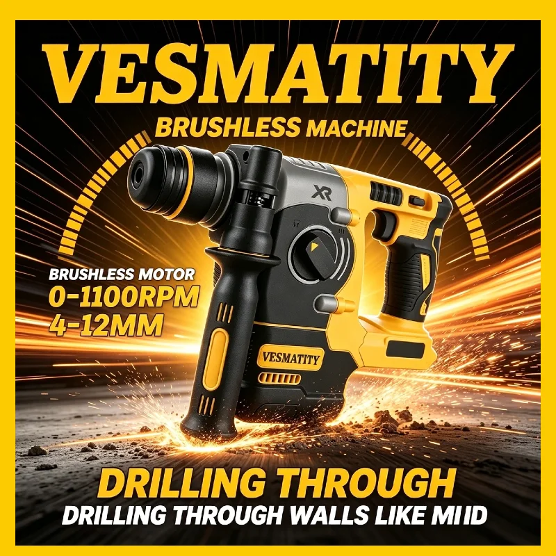 Vesmatity DCH273 Brushless SDS Plus Rotary Hammer Drill 2.1J Impact Energy 360 Rotatable Handle for Dewalt 20V Battery Tool