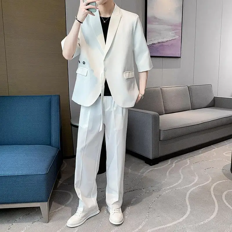 2-A1 Fragrant style suit men\'s summer Internet celebrity loose half-sleeved lacetrendy handsome suit with wide-leg trouser