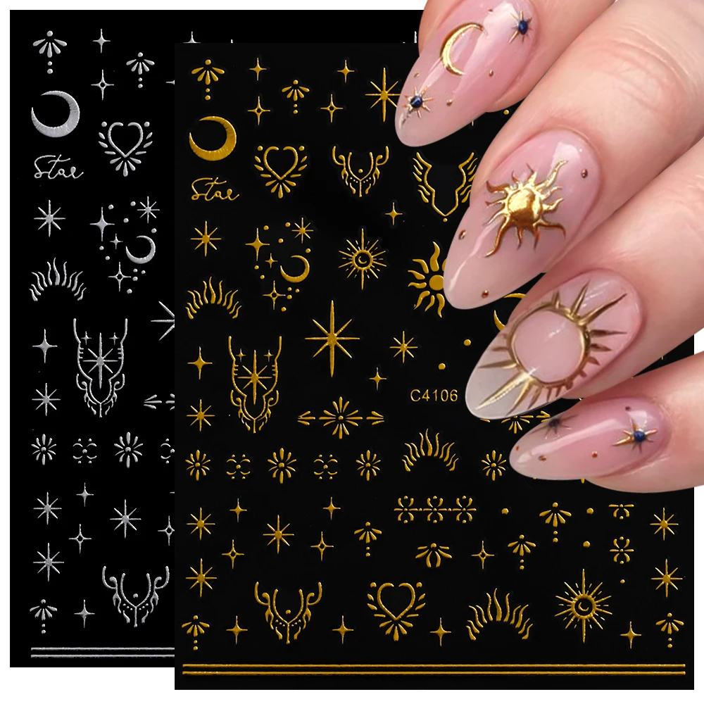 1Pc Silver Gold Star Moon Sun Nail Sticker Bronzing Laser Starlight Self-Adhesive Slider DIY Y2K Nail Decals Manicure Decoration