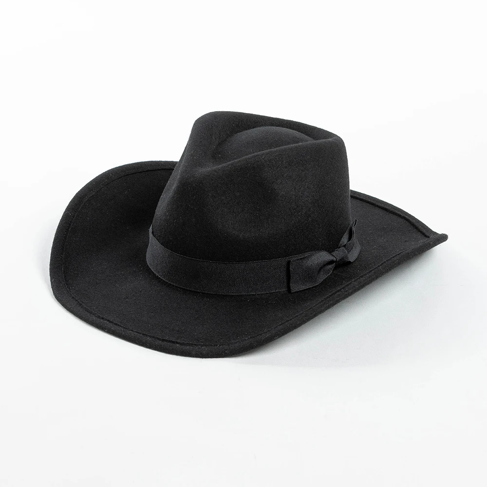 100% Gyapjú Végigtapogat Cowboy Kalap Széleskörű Káva vel Pántlika bowknot