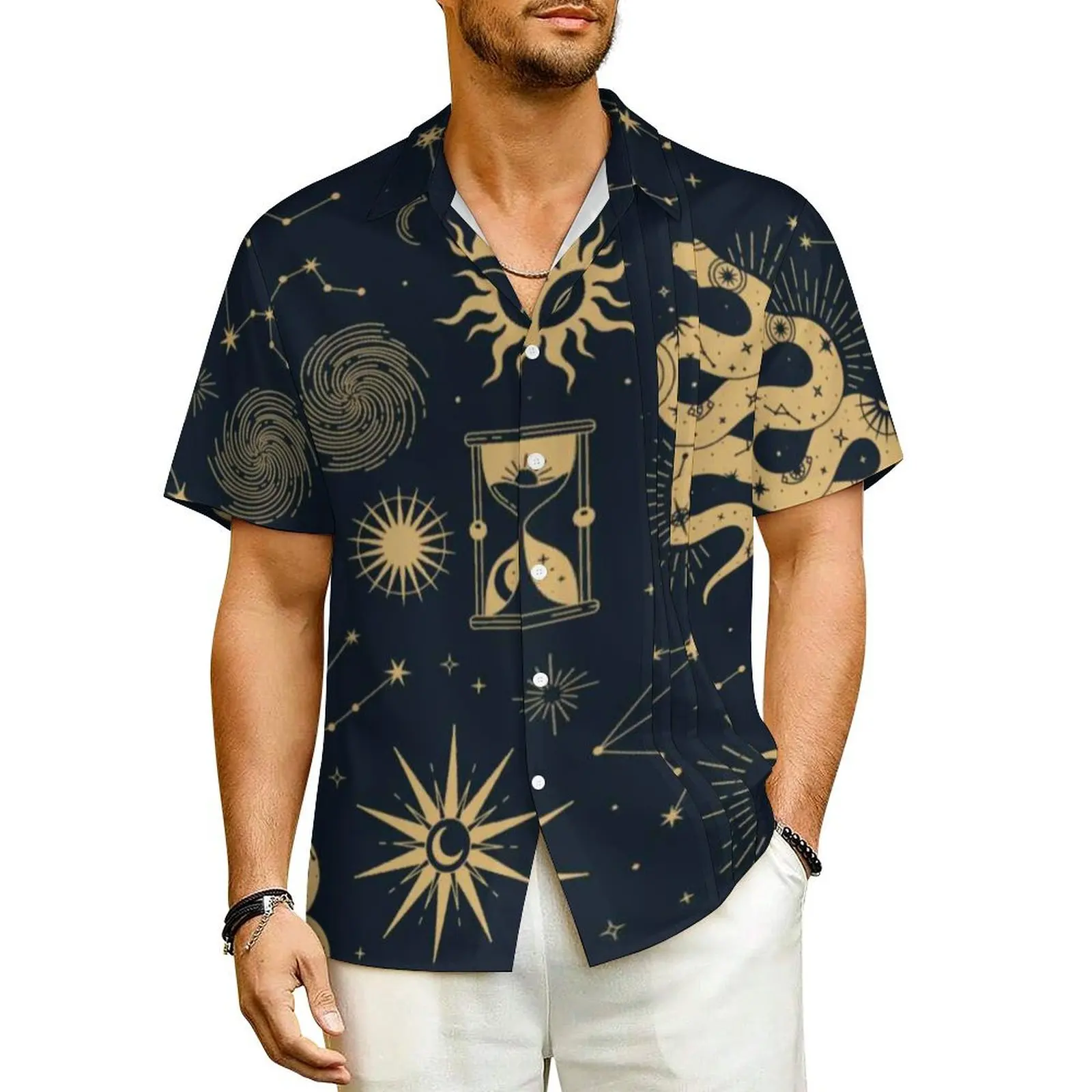 Sun And Moon Retro Beach Shirt Men Astronomy Witch Classic Casual Shirts Hawaii Short-Sleeve Harajuku Graphic Oversized Blouses