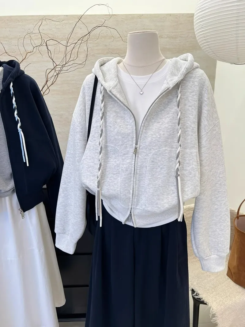 Braided Drawstring Cropped Zip Up Women's Hoodies Solid Color Long Sleeve Sweatshirt Spring Autumn Casual Jacket with Pockets