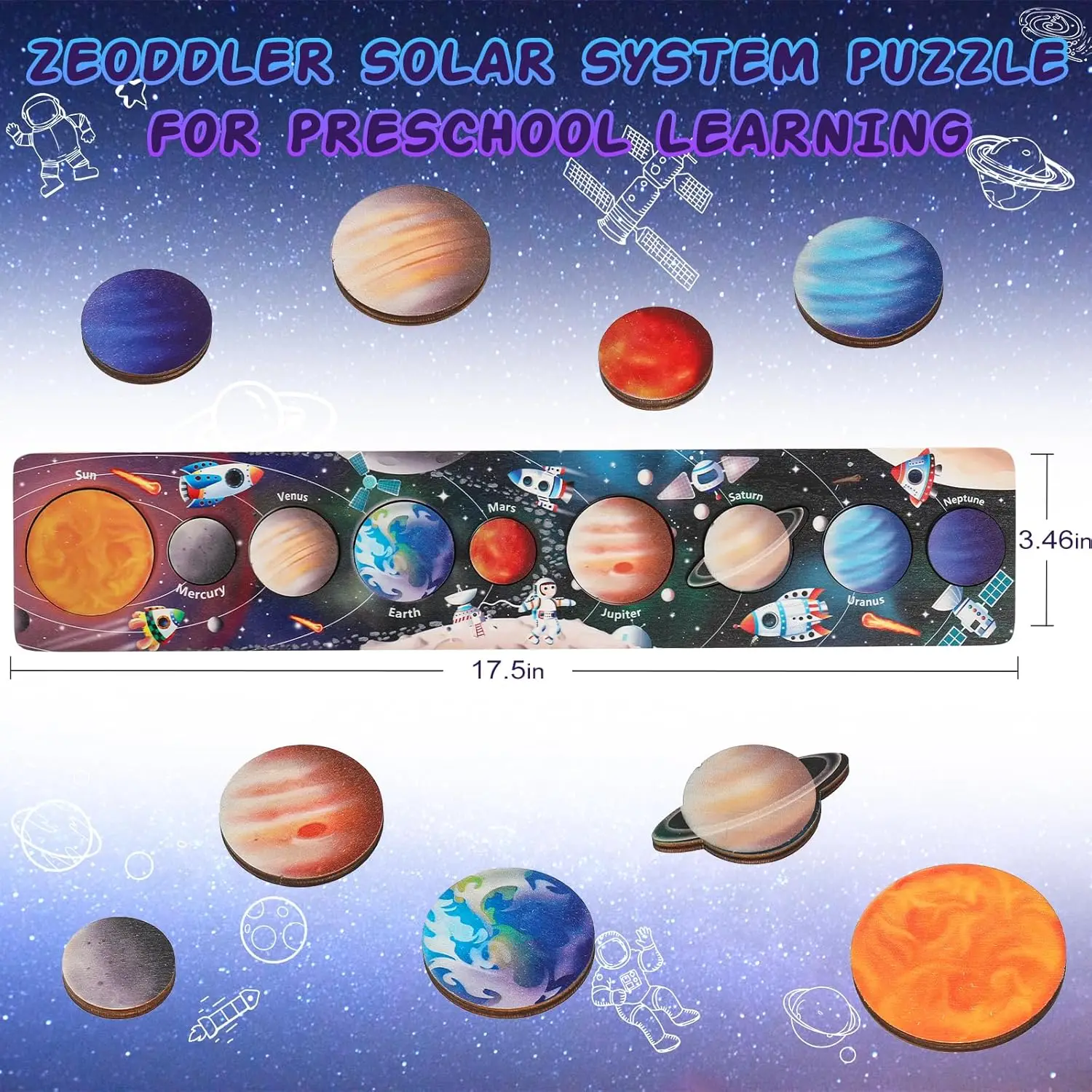 Children Wooden Space Planet Puzzles Montessori Toys Planet Matching Game Jigsaw Tray Universe Solar System Science Learning Toy