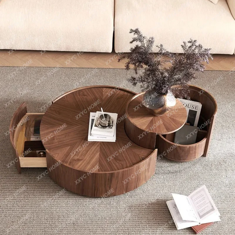

light luxury round walnut solid wood coffee table combination high-end medium and ancient style