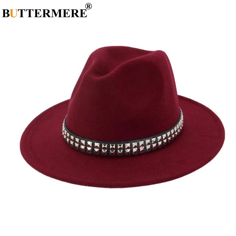 

BUTTERMERE Burgundy Cotton Fedoras Women New Casual Jazz Hat Ladies Elegant Metal Wide Brim Felt Hat Female Autumn Winter Fedora