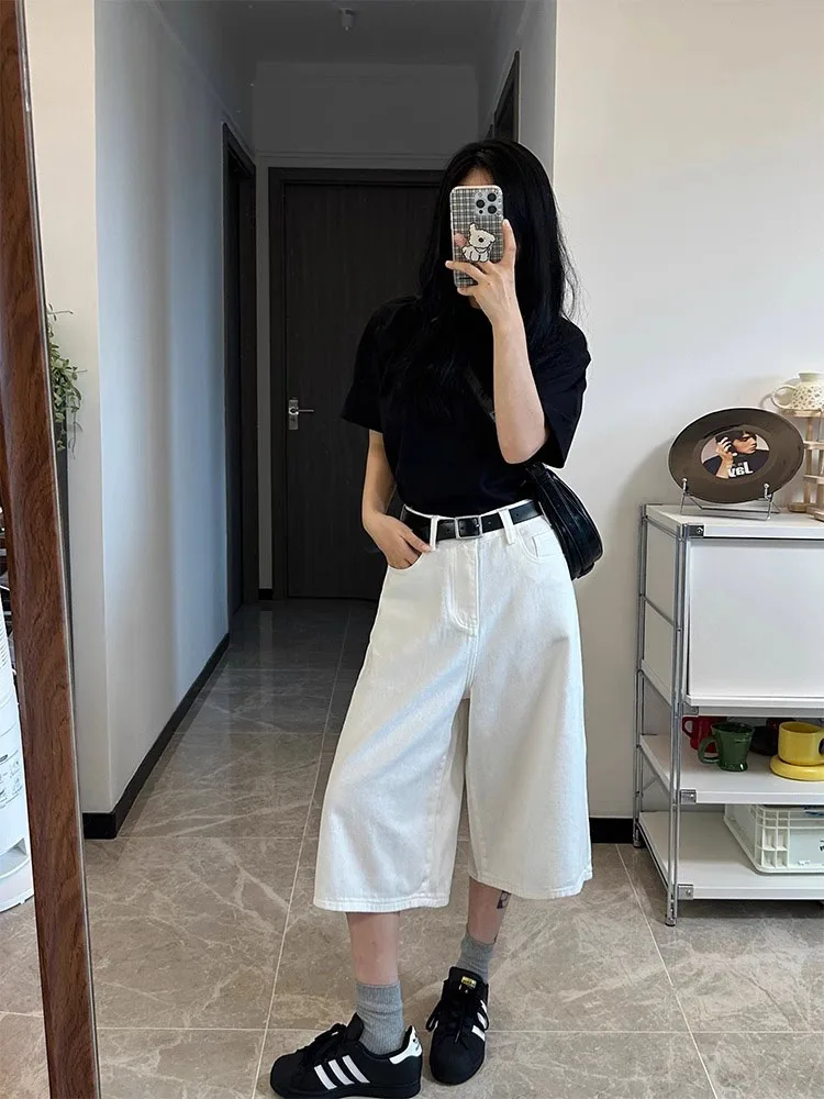 Jean blanc taille haute à jambes droites pour femme, fin, ample, jambes larges, décontracté, sept cinq pantalons, saison d'automne, tendance Faion