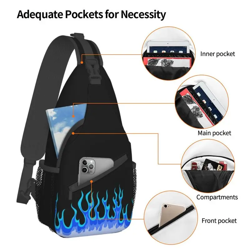 Custom Blue Hot Fire Racing Flames Sling Bags for Men Fashion Shoulder Crossbody Chest Backpack Travel Hiking Daypack