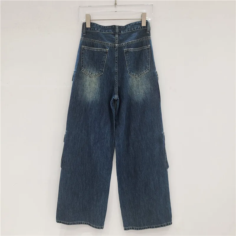 ANJY automne nouvelles femmes Vintage Streetwear élégant Cargo jean décontracté Style Safari Chic multi-poches droite jambe large pantalon A7786