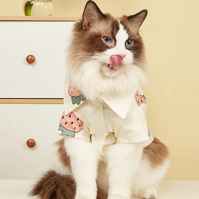 

Summer New Pet Handsome T-Shirt Printed with Colorful Strawberry Cat Shirt Clothing Small Medium Cat Clothes Pet Costume Apparel
