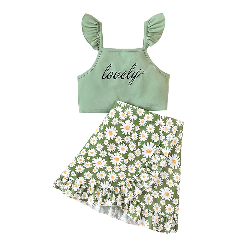 

Kids Girls Skirt Set Fly Sleeve Letters Print Camisole with Ruffled Floral Skirt Summer Outfit