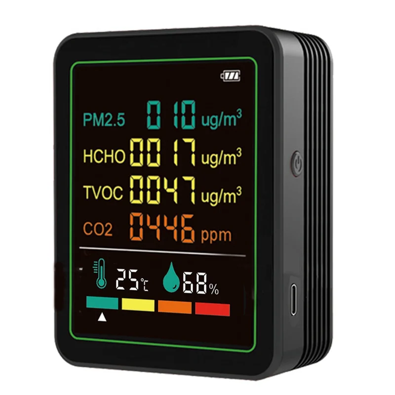 FFYY-MT07WT 6 في 1 المحمولة PM2.5 تستر داخلي مراقبة جودة الهواء HCHO TVOC CO2 جهاز قياس درجة الحرارة والرطوبة المنزلية الأسود