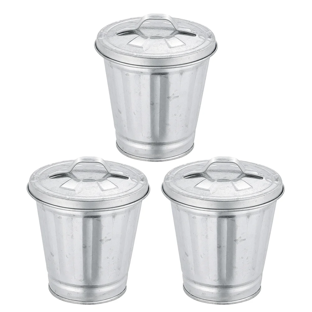 

3 Pcs Mini Trash Can Flowerpot with Lid Garbage Small Waste Container Adorable Bin Iron Metal