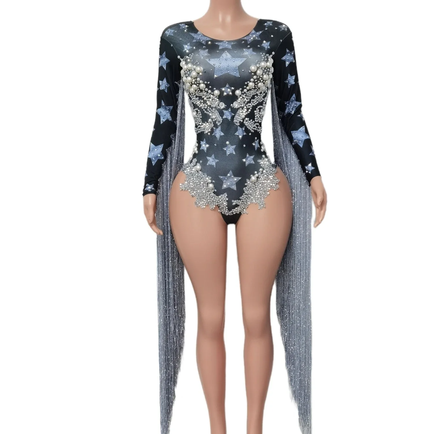 

Gray Tassel Crystals Stars Jumpsuit Women Stage Dance Fringes Leotard Nightclub Party Singer Costume Birthday Celebrate Bodysuit