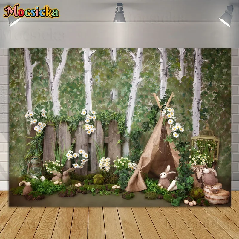 

Easter Photography Backdrops Spring Green Plants Tent Daisy Flowers Eggs Bunny Decor Props Kids Birthday Background Photo Studio
