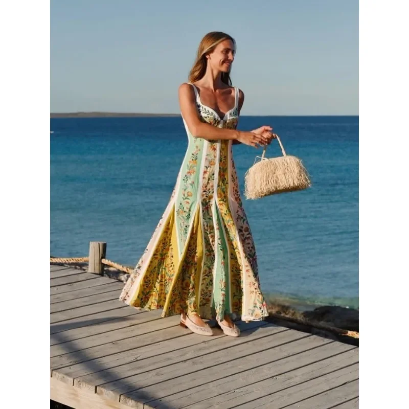 INS Elegant Strap V Neck Corset Flowy Vacation Beach Boho Long Dress Summer Women Loose Linen Floral Bohemian Dress