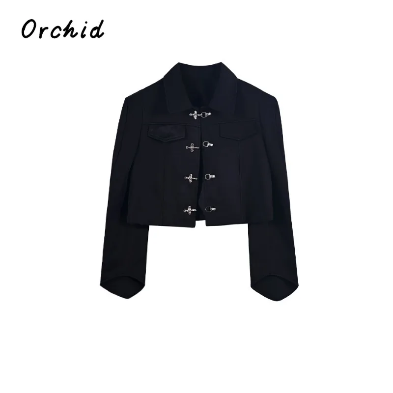 Korean High-end Solid Color Vintage Cropped Jacket Women Lapel Single Breasted Long Sleeves Blazer Crop Coat Autumn Winter 2023